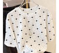 Maglietta casual con scollo a goccia, stile francese, con motivo a cuori in bianco e nero, morbida e carina, adatta per l'estate, top alla moda, bella maglietta, regalo per sorella, regalo per la mamm