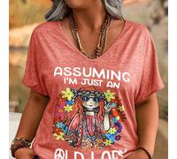 Maglietta casual con scollo a V e design floreale giallo per ragazze taglia comoda, "Pensare che io sia solo una vecchia signora è stato il tuo primo errore" Magliette grafiche da donna 0XL,1XL,2XL,3X