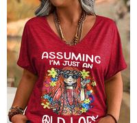 Maglietta casual con scollo a V e design floreale giallo per ragazze taglia comoda, "Pensare che io sia solo una vecchia signora è stato il tuo primo errore" Magliette grafiche da donna 0XL,1XL,2XL,3X