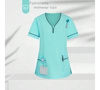 Maglietta casual con scollo a V, maniche corte, due tasche a contrasto, adatta per infermiere, medico, toelettatura animali, nutrizionista, top con maniche corte e tasche funzionali, ideale anche per