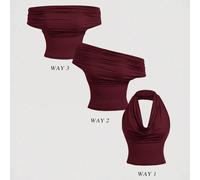 Maglietta casual da donna a 3 modi di indossare, in colore unito, aderente, adatta per l'estate. Può essere indossata con scollo a camicia, spalle scoperte o come top estetico. Adatta per festival, ou