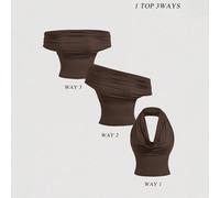 Maglietta casual da donna a 3 modi di indossare, in colore unito, aderente, adatta per l'estate. Può essere indossata con scollo a camicia, spalle scoperte o come top estetico. Adatta per festival, ou