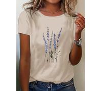 Maglietta casual da donna a girocollo a maniche corte con stampa floreale lavanda per primavera ed estate