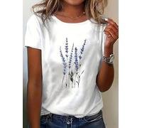 Maglietta casual da donna a girocollo a maniche corte con stampa floreale lavanda per primavera ed estate