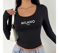 Maglietta casual da donna a manica lunga, collo tondo, vestibilità slim, con stampa "MILANO ITALY", adatta per primavera e autunno L,M,S,XL,XS,XXL,XXS,XXXL,XXXXLLettere,Colore unicoTessuto in maglia