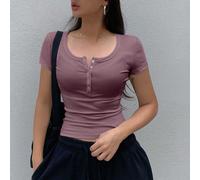 Maglietta casual da donna a maniche corte, con bottoni e placca a metà, color viola L,M,S,XLColore unicoTessuto