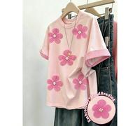 maglietta casual da donna a maniche corte con righe e patchwork, ricamo floreale, perline, motivo floreale carino in stile Y2K, maglietta da back-to-school, un ottimo regalo per le sorelle, casual, se