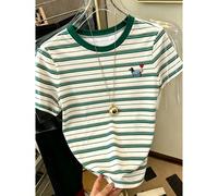 maglietta casual da donna a maniche corte, con scollo rotondo, a righe, con stampa a patchwork di cuccioli, versatile per uso quotidiano L,M,S,XLA strisceTessuto in maglia