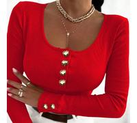 Maglietta casual da donna a maniche lunghe, con scollo tondo, chiusura a cuore semi-aperta e vestibilità aderente L,M,S,XL,XSColore unicoMaglia a coste