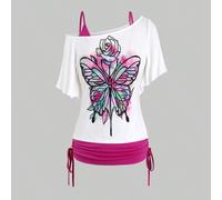 Maglietta casual da donna con maniche corte, collo asimmetrico, stampa a farfalla, con laccio laterale L,M,S,XLAnimale,Piante,FarfallaTessuto in maglia