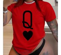 Maglietta casual da donna con motivo regina di carte, adatta per la primavera e l'estate, per indossare in occasione del Capodanno L,M,S,XLBlocchi di colore,Geometrico,Cuore,LettereTessuto in maglia