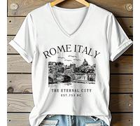 Maglietta casual da donna con scollo a V e maniche corte, con grafica della skyline di Roma, Italia, "ROMA ITALIA LA CITTÀ ETERNA EST 753 AC" 1XL,2XL,3XL,4XLTropicaleTessuto in maglia
