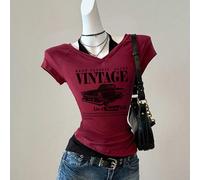 Maglietta casual da donna con scollo a V vintage, stampa vintage di auto, con laccetti, maniche corte a contrasto, adatta per l'estate, stile da strada, stile Y2K L,M,S,XL,XS,XXL,XXS,XXXL,XXXXLLettere