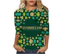Maglietta casual da donna con scollo rotondo, maniche a tre quarti con stampa Saint.P's Day, oversize, verde militare, M