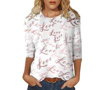Maglietta casual da donna con scollo rotondo, maniche a tre quarti, stampa San Valentino, top casual da donna, beige., XL