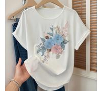 Maglietta casual da donna con scollo rotondo, maniche corte, toppa ricamata con fiore sulla parte anteriore, polsini arrotolati, orlo curvo, adatta come abbigliamento casual estivo L,M,S,XLPianteTessu