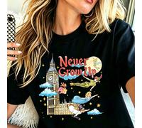 Maglietta casual da donna Disney con stampa "Peter Pan Never Grow Up", maniche corte e scollo rotondo. 100% cotone, comodo e traspirante, versatile per l'uso quotidiano.L,M,S,XL,XS,XXLNataleTessuto in