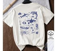Maglietta casual da donna in 100% cotone a maniche corte con stampe di vita marina - balene, squali e polpi, tessuto morbido, t-shirt grafica, camicia estiva, outfit da vacanza, stile da spiaggia, abb
