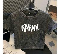 Maglietta casual da donna in cotone, stile coreano, con stampa creativa della parola "KARMA", adatta per il tempo libero all'aperto. Maglietta corta a girocollo, slim fit, stile dolce e sexy con l'omb