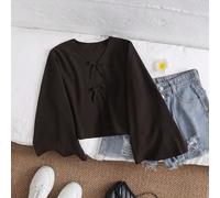 Maglietta casual da ragazza con maniche a sbuffo, scollo a V e fiocco, colore tinta unita marrone, elegante e alla moda, adatta per primavera/autunno, uso quotidiano, all'aperto, ritorno a scuola, occ