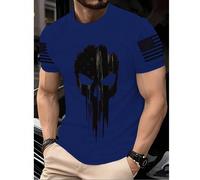 Maglietta casual da uomo a girocollo, realizzata in tessuto maglia di poliestere con una certa elasticità, leggera e traspirante, vestibilità regular, con stampa 3D a teschio, strisce patriottiche sul