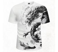 Maglietta casual e alla moda da uomo a girocollo con stampa di dragone in stile pittura ad inchiostro cinese, vestibilità regolare L,M,S,XL,XXLTessuto in maglia