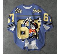 Maglietta casual e comoda per ragazzo pre-adolescente, stile minimalista, collo rotondo, maniche corte, stampa grafica classica e cool di un gatto coraggioso calciatore, numero 67, slang classico, tes