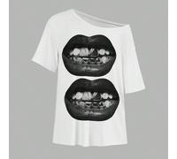 Maglietta casual e larga da donna a maniche corte, con stampa retrò in bianco e nero di ritratti e labbra, scollo spalla scoperta L,M,S,XL,XS,XXL,XXS,XXXL,XXXXLColore unicoTessuto in maglia