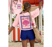 Maglietta casual e larga da donna per l'estate, con scollo tondo, maniche corte, stampa di lettere e conchiglie, adatta alle taglie grandi, top ideale per le vacanze 0XL,1XL,2XL,3XL,4XLGeometrico,Graf