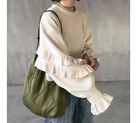 Maglietta casual e versatile da donna, in tessuto a costine di alta grammatura, a tinta unita, con collo tondo, spalle cadenti, maniche lunghe, polsini in tessuto lavorato, maniche arricciate con vola