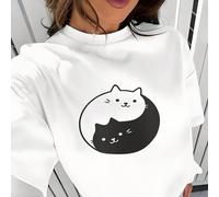 Maglietta casual ed elegante da donna con stampa Yin Yang e gatti, stile vacanziero, manica corta, morbida e confortevole, stile Y2K, adatta per primavera, estate, San Valentino, Carnevale, feste L,M,