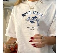 Maglietta casual estiva da donna a maniche corte, scollo tondo, con stampa di scene da spiaggia, colore bianco, vestibilità morbida L,M,S,XL,XXLLettere,Colore unico,Tropicale,PiantePoliestere