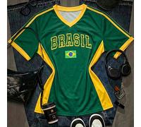 Maglietta casual estiva da donna con scollo a V, colore a contrasto e stampa a lettere, manica raglan in maglia, adatta per merchandising di tifosi, cultura di squadra, partecipazione a eventi sportiv