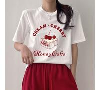 Maglietta casual estiva da donna con scollo tondo, maniche corte, stampa con lettera e ciliegie, CREAMCHERRY Honey Cake, grafiche carini L,M,S,XLsloganCotone