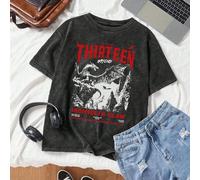 Maglietta casual estiva semplice da donna con scollo rotondo e maniche corte, stampa grafica "Trono di Vetro", lavaggio nero, taglie comode. Maglietta da donna con stampa grafica "Tredici". Abbigliame