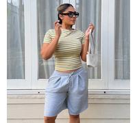 Maglietta casual minimalista e sexy con spalle scoperte, a righe giallo crema, a maniche corte, adatta per primavera ed estate. Le righe giallo crema ti faranno apparire più radiosa. L,M,S,XL,XSA stri