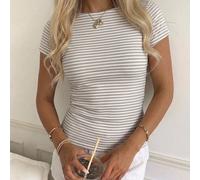 Maglietta casual minimalista sexy a righe kaki a maniche corte, adatta per primavera ed estate, abbinamento di abbigliamento primavera ed estate, le righe kaki ti fanno apparire più chiara L,M,S,XL,XS