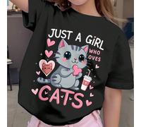 Maglietta casual nera a maniche corte e girocollo da ragazza, con stampa di gatto a forma di cuore e scritta "Just A Girl Who Loves Cats", adatta per la primavera/estate 8Y,9Y,10Y,11Y,12YFumetto,Geome