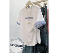 Maglietta casual oversize da donna, bianca, con ricamo della parola "RELATIONSHIP", con risvolti a righe blu, vestibilità morbida, top estivo basic 0XL,1XL,2XL,3XLGeometrico,LettereTessuto in maglia