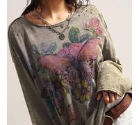 Maglietta casual oversize da donna con stampa farfalla, scollo tondo, maniche a giro, manica lunga 0XL,1XL,2XL,3XL,4XLStampa CasualeTessuto in maglia