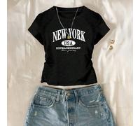 Maglietta casual per ragazze pre-adolescenti con stampa e lettera, vita elastica, top estivo slim fit carino, maglietta New York 8Y,9Y,10Y,11Y,12YLetterePoliestere