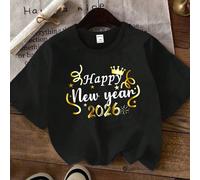 Maglietta casual per ragazzo, nuova collezione 2026, con stampa creativa di numeri, corona, nastro, fuochi d'artificio, stelle e lettere, manica corta, basic, per creare un'atmosfera festiva di Capoda