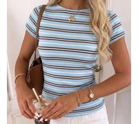 maglietta casual semplice e sexy con spalle scoperte, a righe azzurre, maniche corte, adatta per le stagioni primavera ed estate, abbigliamento primavera ed estate, le righe azzurre ti fanno apparire 