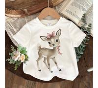 Maglietta casual versatile da ragazza, a maniche corte, collo tondo, con stampa di cervi 6Y,7Y,4Y,5YAnimale,Fumetto,PianteTessuto