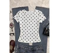 Maglietta casual versatile da ragazza per uso quotidiano, con stampa a pois su tutto il capo, collo a giro, vestibilità slim, maniche corte 8Y,9Y,10Y,11Y,12Ystampa dappertuttoPoliestere