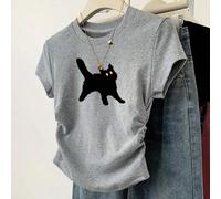 Maglietta casuale e versatile da ragazza con motivo grafico a gatto sulla vita 8Y,9Y,10Y,11Y,12YAnimale,Fumetto,LettereTessuto