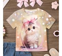 Maglietta Cat Tie-Dye per ragazze giovani e maglietta casual a maniche corte a collo tondo, adatta per l'estate 6Y,7Y,4Y,5YAnimale,Fumetto,Geometrico,Colore unico,Piante,stampa dappertuttoTessuto in m