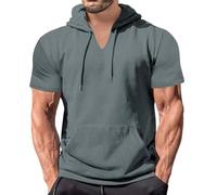 Maglietta con cappuccio, da uomo, a maniche corte, con cappuccio, per fitness, palestra, con cappuccio, in tinta unita, a maniche corte, basic estiva, casual, per il tempo libero, grigio scuro, M