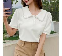 Maglietta con colletto Peter Pan decorata con perle, adatta per l'estate L,M,S,XLColore unicoTessuto in maglia