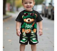 Maglietta con girocollo e maniche corte con motivo di orso a cartone animato casual per bambino e pantaloncini 2 pezzi/set adatti per l'estate 6-9M,9-12M,12-18M,18-24M,2-3YAnimale,Fumetto,LettereTessu